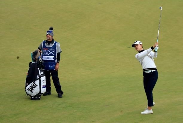 Lydia Ko of New Zealand plays her second shot on the 18th hole during the final round of the Trust Golf Women's Scottish Open at Dumbarnie Links on...