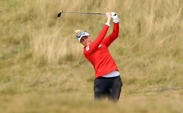 Charley Hull of England plays her second shot on the 13th hole during the final round of the Trust Golf Women's Scottish Open at Dumbarnie Links on...
