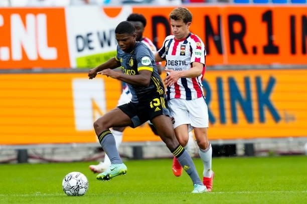 Tyrell Malacia of Feyenoord and Mats Kohlert of Willem II during the Dutch Eredivisie match between Willem II and Feyenoord at Koning Willem II...
