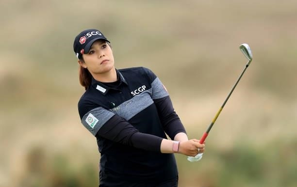 Ariya Jutanugarn of Thailand plays her second shot on the 10th hole during the final round of the Trust Golf Women's Scottish Open at Dumbarnie Links...