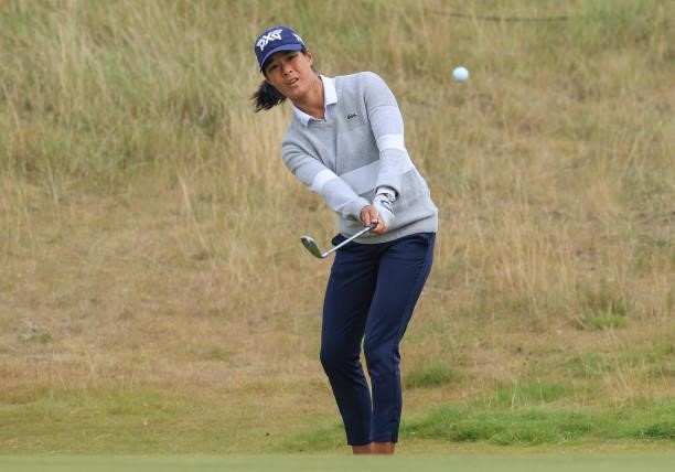 Celine Boutier of France plays her third shot on the 10th hole during the final round of the Trust Golf Women's Scottish Open at Dumbarnie Links on...