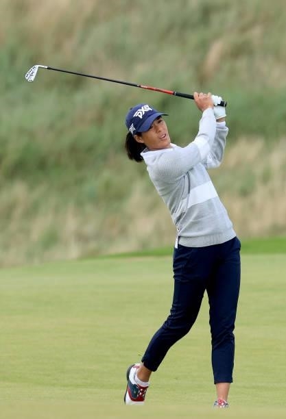 Celine Boutier of France plays her second shot on the 10th hole during the final round of the Trust Golf Women's Scottish Open at Dumbarnie Links on...