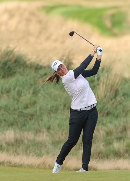 Perrine Delacour of France plays her second shot on the 10th hole during the final round of the Trust Golf Women's Scottish Open at Dumbarnie Links...