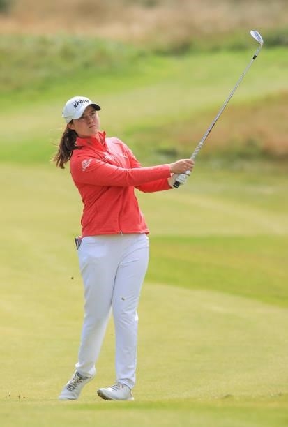 Leona Maguire of Ireland plays her second shot on the 11th hole during the final round of the Trust Golf Women's Scottish Open at Dumbarnie Links on...
