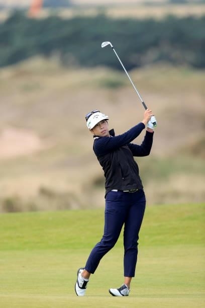 Prima Thammaraks of Thailand plays her second shot on the 12th hole during the final round of the Trust Golf Women's Scottish Open at Dumbarnie Links...