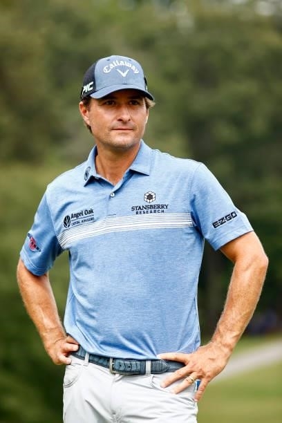 Kevin Kisner of the United States looks on before the trophy ceremony after winning a 6-way sudden-death playoff during the final round of the...