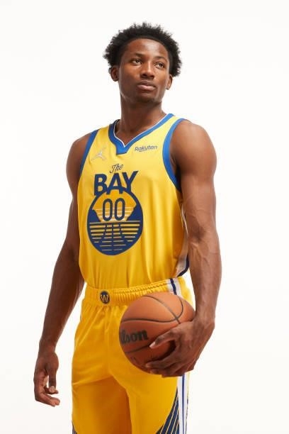 Jonathan Kuminga of the Golden State Warriors poses for a photo during the 2021 NBA Rookie Photo Shoot on August 15, 2021 in Las Vegas, Nevada.