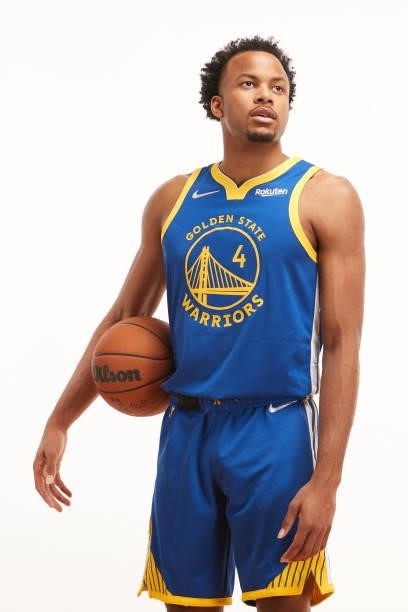 Moses Moody of the Golden State Warriors poses for a photo during the 2021 NBA Rookie Photo Shoot on August 15, 2021 in Las Vegas, Nevada.