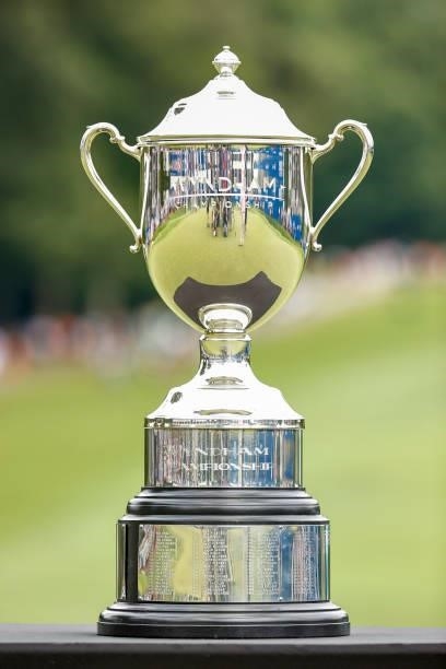Detailed view of the trophy is seen prior to being awarded to Kevin Kisner of the United States after the final round of the Wyndham Championship at...