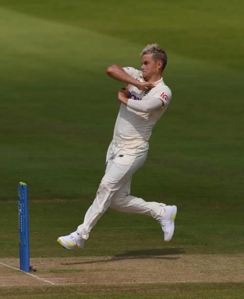 England bowler Sam Curran in bowling action during day four of the Second Test Match between England and India at Lord's Cricket Ground on August 15,...