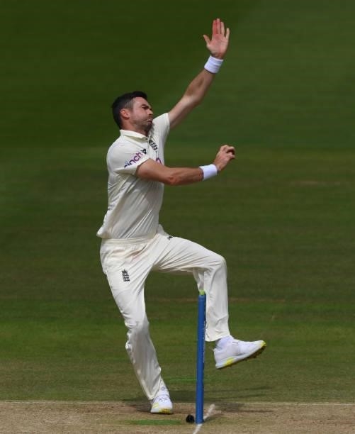 England bowler James Anderson in action during day four of the Second Test Match between England and India at Lord's Cricket Ground on August 15,...