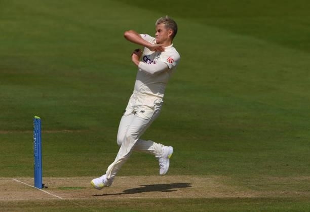 England bowler Sam Curran in bowling action during day four of the Second Test Match between England and India at Lord's Cricket Ground on August 15,...