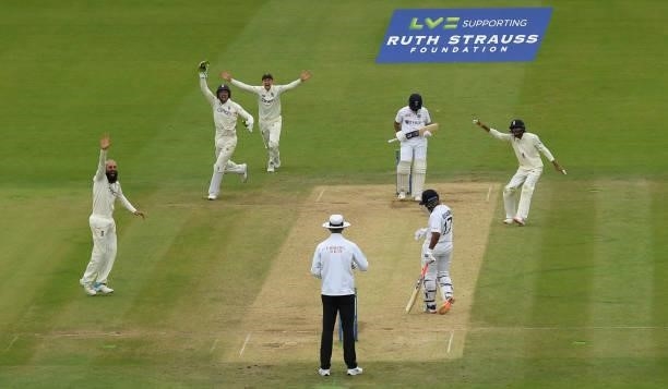 Moeen Ali of England appeals with Jos Buttler, Joe Root and Haseeb Hameed as Ajinkya Rahane of India is dismissed during the fourth day of the 2nd...