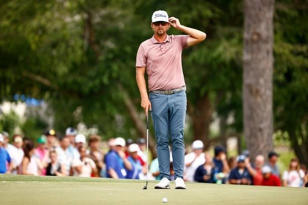 Roger Sloan of Canada looks on from the 18th green during the final round of the Wyndham Championship at Sedgefield Country Club on August 15, 2021...
