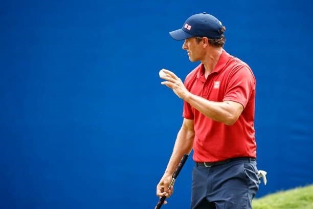 Adam Scott of Australia waves on the 18th green during the final round of the Wyndham Championship at Sedgefield Country Club on August 15, 2021 in...
