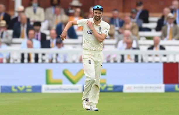 Mark Wood of England after injuring his shoulder attempting to stop a four during the fourth day of the 2nd LV= Test match between England and India...