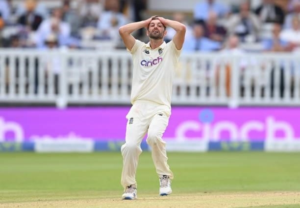 Mark Wood of England reacts during the fourth day of the 2nd LV= Test match between England and India at Lord's Cricket Ground on August 15, 2021 in...