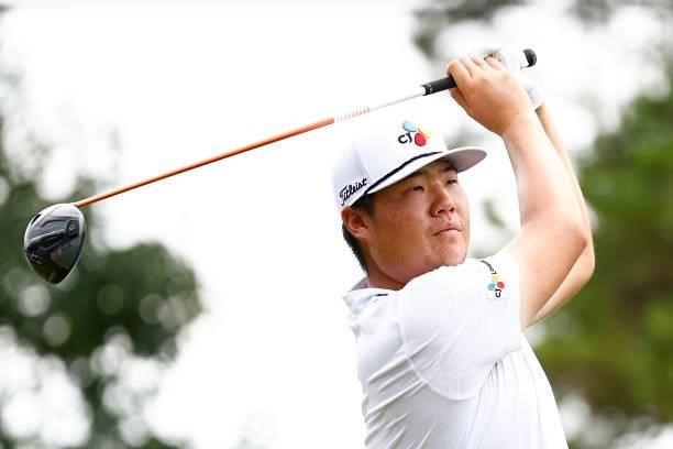 Sungjae Im of Korea plays his shot from the 18th tee during the final round of the Wyndham Championship at Sedgefield Country Club on August 15, 2021...