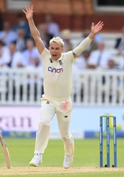 Sam Curran of England iappeals unsuccessfully during the fourth day of the 2nd LV= Test match between England and India at Lord's Cricket Ground on...