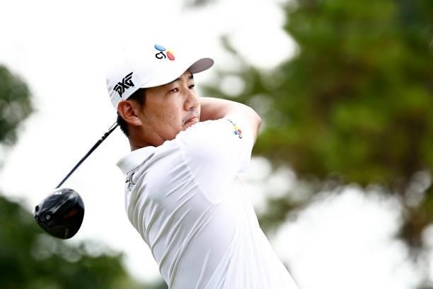 Sung Kang of Korea plays his shot from the 18th tee during the final round of the Wyndham Championship at Sedgefield Country Club on August 15, 2021...