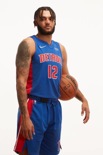 Isaiah Livers of the Detroit Pistons poses for a photo during the 2021 NBA Rookie Photo Shoot on August 15, 2021 in Las Vegas, Nevada.