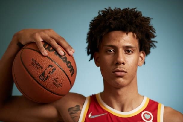 Jalen Johnson of the Atlanta Hawks poses for a photo during the 2021 NBA Rookie Photo Shoot on August 15, 2021 in Las Vegas, Nevada.