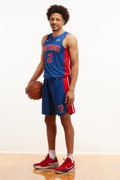 Cade Cunningham of the Detroit Pistons poses for a photo during the 2021 NBA Rookie Photo Shoot on August 15, 2021 in Las Vegas, Nevada.