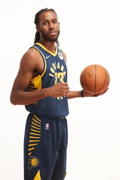 Isaiah Jackson of the Indiana Pacers poses for a photo during the 2021 NBA Rookie Photo Shoot on August 15, 2021 in Las Vegas, Nevada.