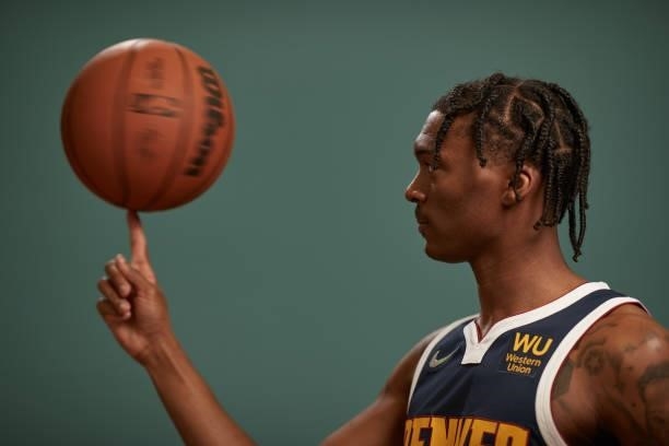 Nah'Shon Hyland of the Denver Nuggets poses for a photo during the 2021 NBA Rookie Photo Shoot on August 15, 2021 in Las Vegas, Nevada.
