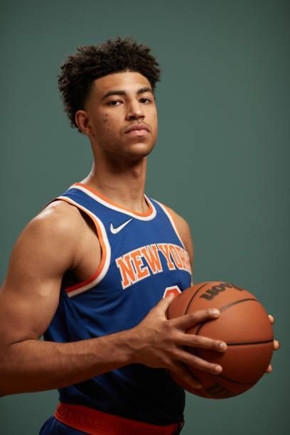 Quentin Grimes of the New York Nicks poses for a photo during the 2021 NBA Rookie Photo Shoot on August 15, 2021 in Las Vegas, Nevada.