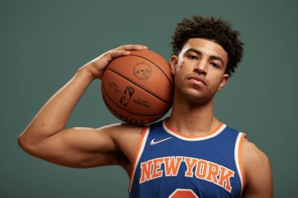 Quentin Grimes of the New York Nicks poses for a photo during the 2021 NBA Rookie Photo Shoot on August 15, 2021 in Las Vegas, Nevada.