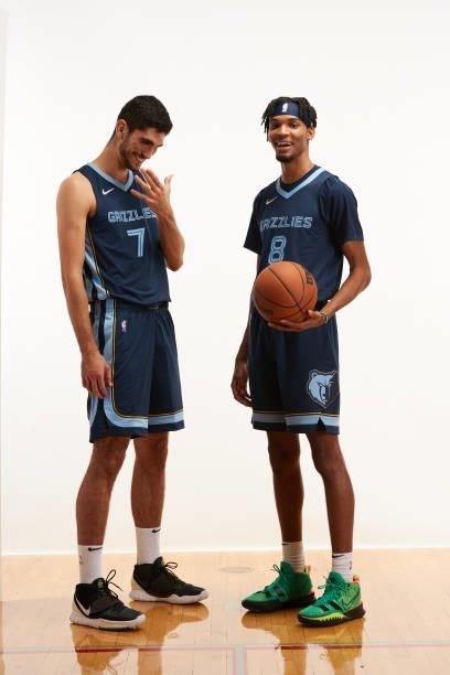 Santi Aldama and Ziare Williams of the Memphis Grizzlies poses for a photo during the 2021 NBA Rookie Photo Shoot on August 15, 2021 in Las Vegas,...