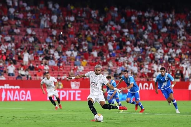 Youssef En-Nesyri of Sevilla FC scores his teams first goal during the La Liga Santader match between Sevilla FC and Rayo Vallecano on Sunday 15...