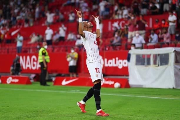 Youssef En-Nesyri of Sevilla FC celebrates scoring his teams first goal during the La Liga Santader match between Sevilla FC and Rayo Vallecano on...