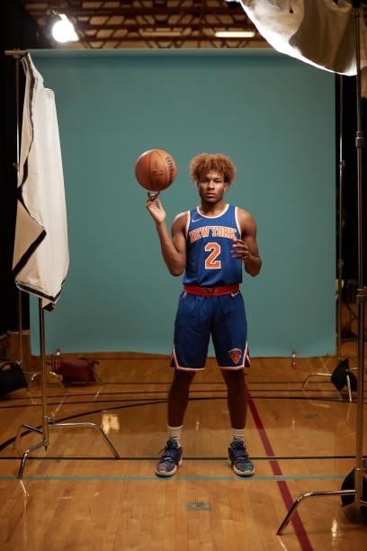Miles McBride of the New York Knicks poses for a photo during the 2021 NBA Rookie Photo Shoot on August 15, 2021 in Las Vegas, Nevada.