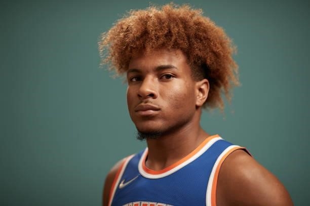 Miles McBride of the New York Knicks poses for a photo during the 2021 NBA Rookie Photo Shoot on August 15, 2021 in Las Vegas, Nevada.