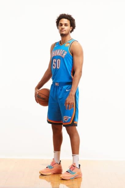 Jeremiah Robinson-Earl of the Oklahoma City Thunderposes for a photo during the 2021 NBA Rookie Photo Shoot on August 15, 2021 in Las Vegas, Nevada.