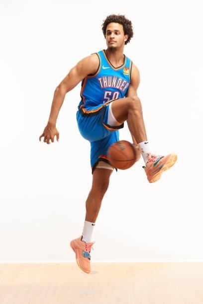 Jeremiah Robinson-Earl of the Oklahoma City Thunderposes for a photo during the 2021 NBA Rookie Photo Shoot on August 15, 2021 in Las Vegas, Nevada.