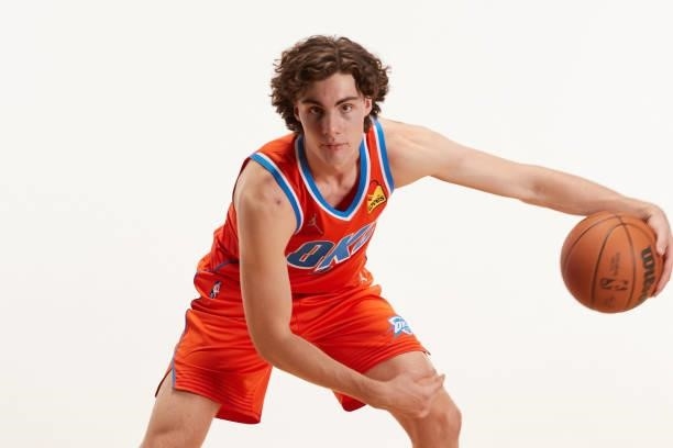 Josh Giddey of the Oklahoma City Thunder poses for a photo during the 2021 NBA Rookie Photo Shoot on August 15, 2021 in Las Vegas, Nevada.