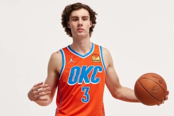 Josh Giddey of the Oklahoma City Thunder poses for a photo during the 2021 NBA Rookie Photo Shoot on August 15, 2021 in Las Vegas, Nevada.
