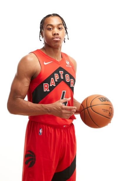 Scottie Barnes of the Toronto Raptors poses for a photo during the 2021 NBA Rookie Photo Shoot on August 15, 2021 in Las Vegas, Nevada.