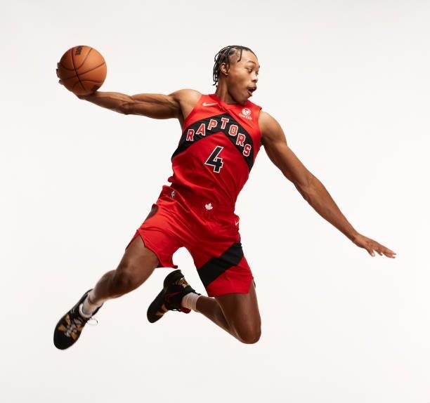 Scottie Barnes of the Toronto Raptors poses for a photo during the 2021 NBA Rookie Photo Shoot on August 15, 2021 in Las Vegas, Nevada.