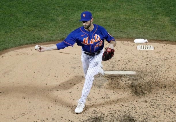Jake Reed of the New York Mets in action against the Los Angeles Dodgers at Citi Field on August 15, 2021 in New York City. The Dodgers defeated the...