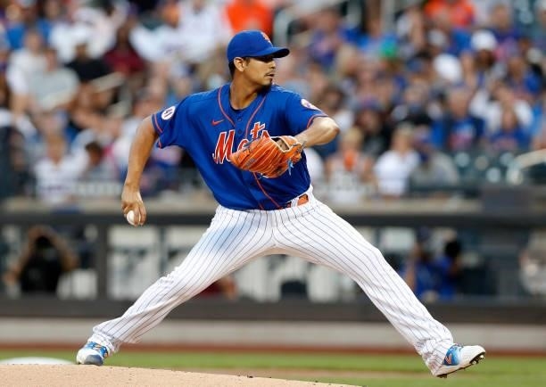 Carlos Carrasco of the New York Mets in action against the Los Angeles Dodgers at Citi Field on August 15, 2021 in New York City. The Dodgers...