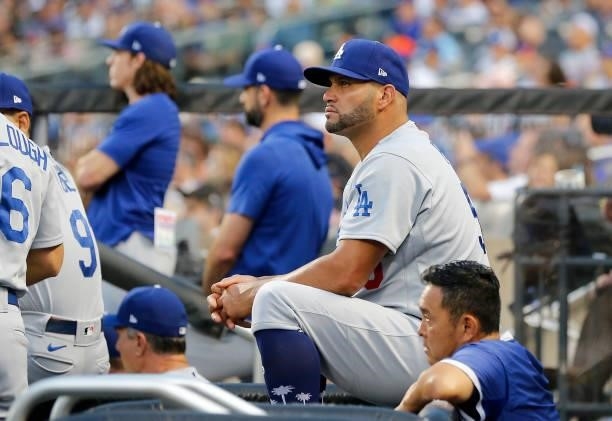 Albert Pujols of the Los Angeles Dodgers looks on against the New York Mets at Citi Field on August 15, 2021 in New York City. The Dodgers defeated...