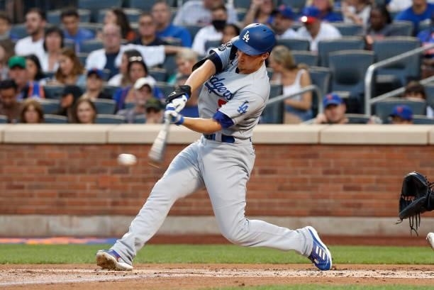 Corey Seager of the Los Angeles Dodgers in action against the New York Mets at Citi Field on August 15, 2021 in New York City. The Dodgers defeated...
