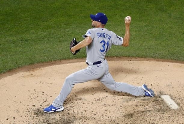 Max Scherzer of the Los Angeles Dodgers in action against the New York Mets at Citi Field on August 15, 2021 in New York City. The Dodgers defeated...