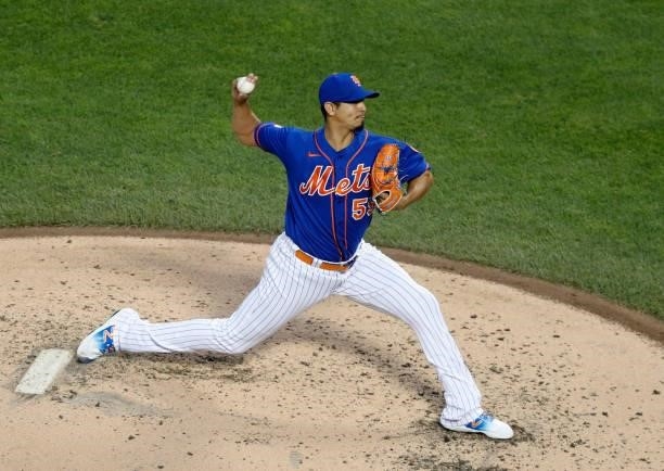 Carlos Carrasco of the New York Mets in action against the Los Angeles Dodgers at Citi Field on August 15, 2021 in New York City. The Dodgers...