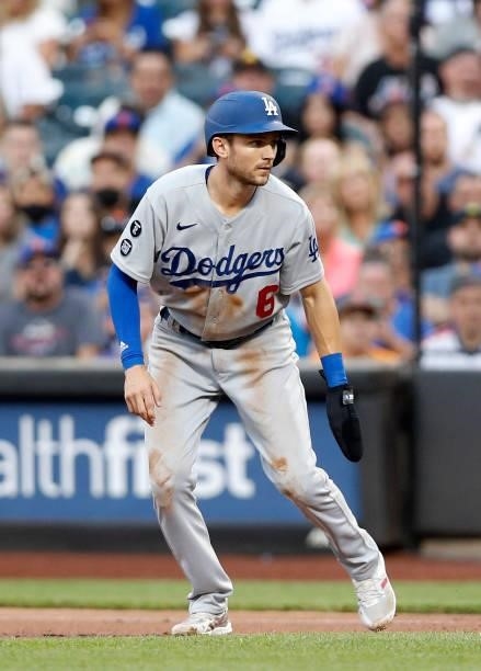 Trea Turner of the Los Angeles Dodgers in action against the New York Mets at Citi Field on August 15, 2021 in New York City. The Dodgers defeated...