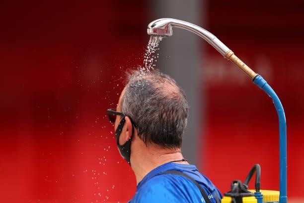 Fan is seen with shower back pack outside the stadium prior to the La Liga Santader match between Sevilla FC and Rayo Vallecano on Sunday 15 August...